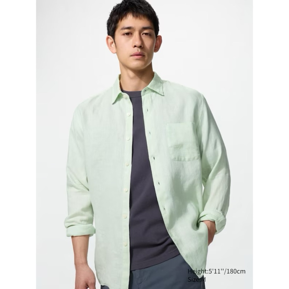Uniqlo‎ 100% Linen Premium Button Up Shirt Long Sleeve Mens Large Light Green
